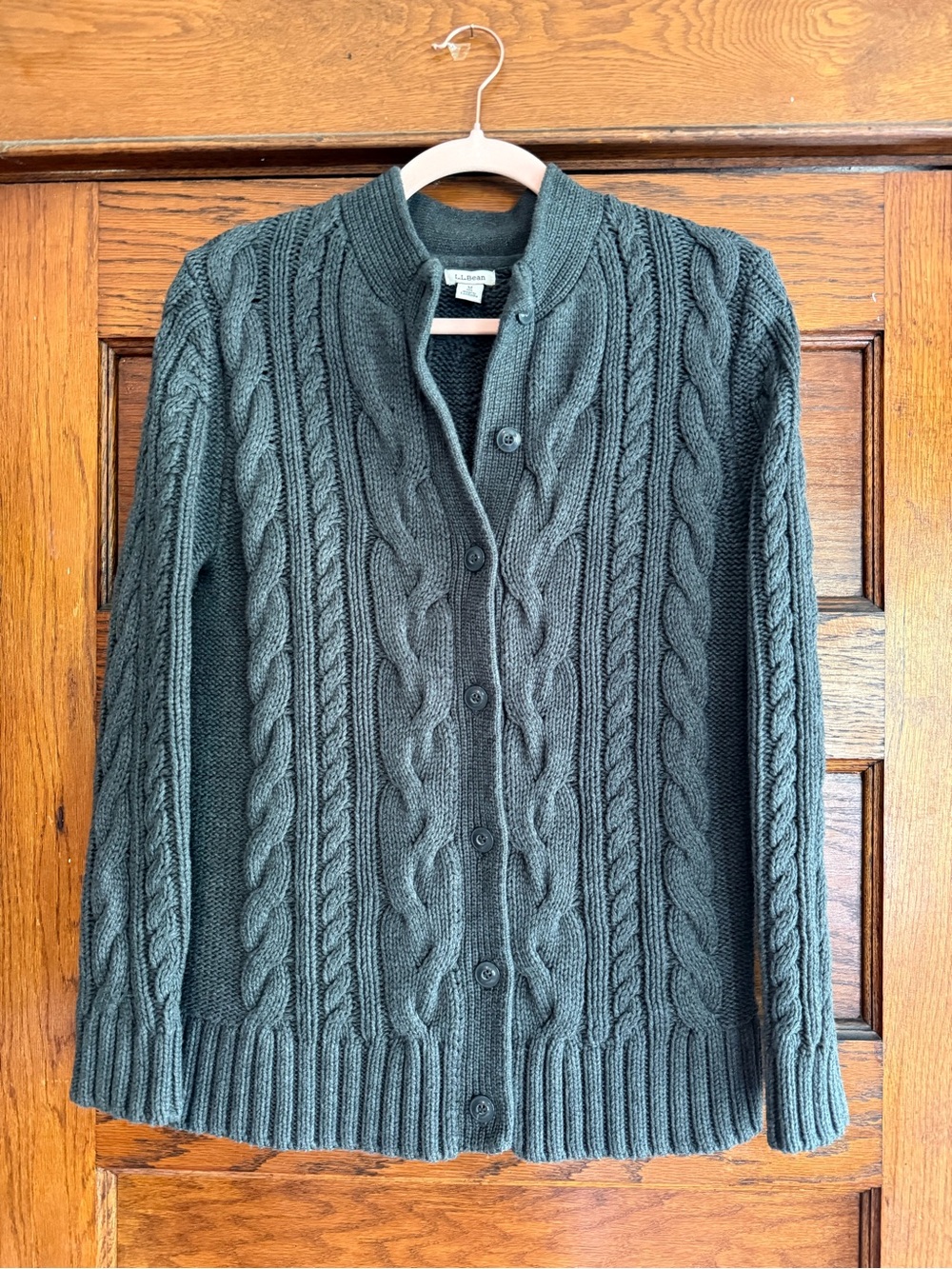 L.L. BEAN 100% Cotton Cable Knit Fisherman Sweater Button Down Cardigan Grey M